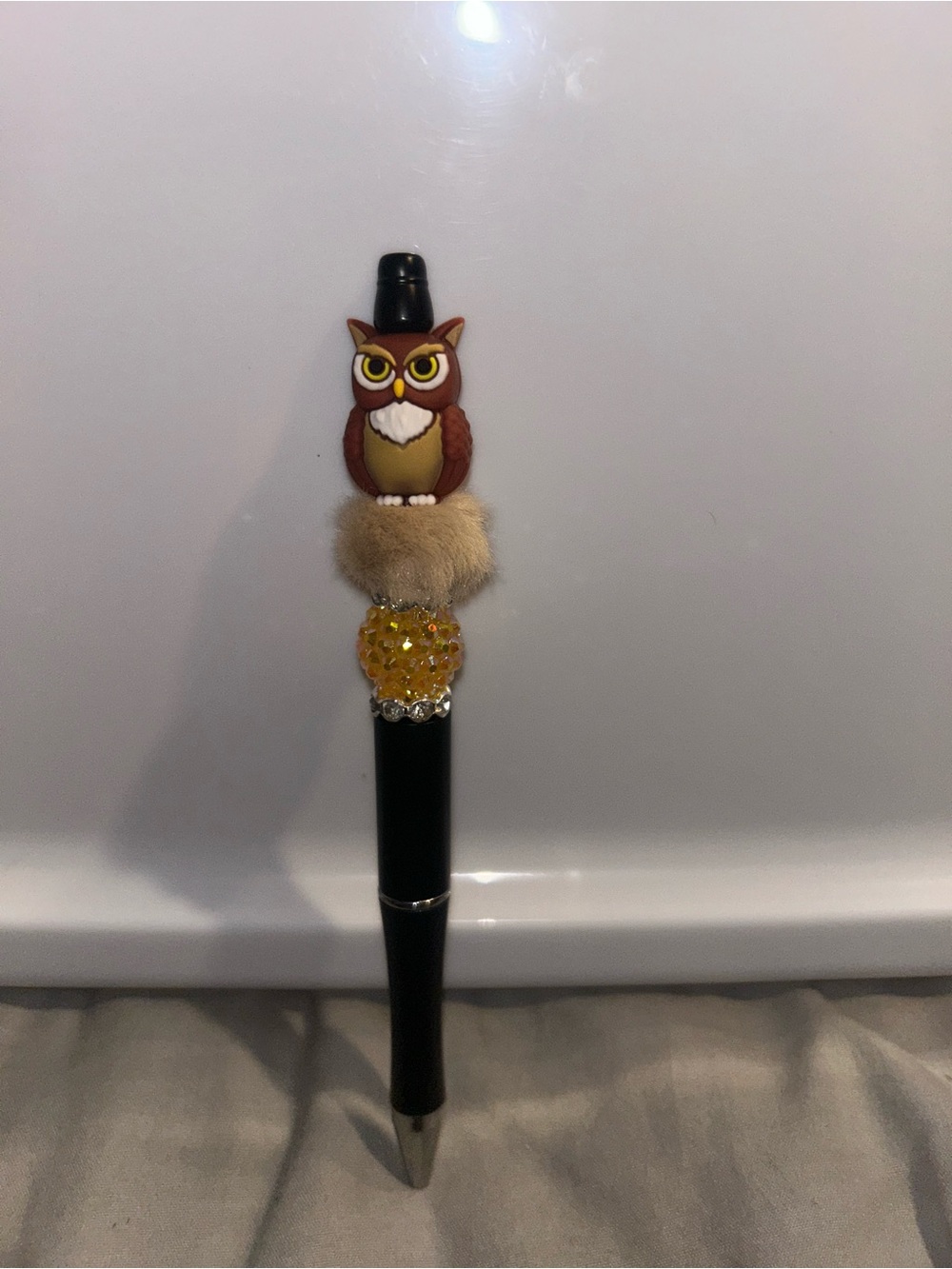 Hand Crafted Brown Owl Beaded Puff Pen